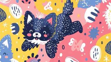 Playful puppy illustration, abstract background, happy dog, cheerful design