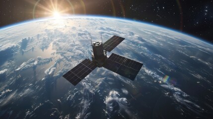 Obraz premium Satellite Orbiting Earth at Sunrise Capturing the Beauty of the Planet and Its Environment from Space