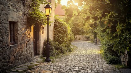 Fototapeta premium Tranquil Village Pathway with Lantern and Warm Sunset Glow