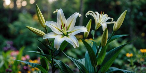 Fototapeta premium White lilies blooming in a garden with green foliage and flower buds during daytime in soft natural light