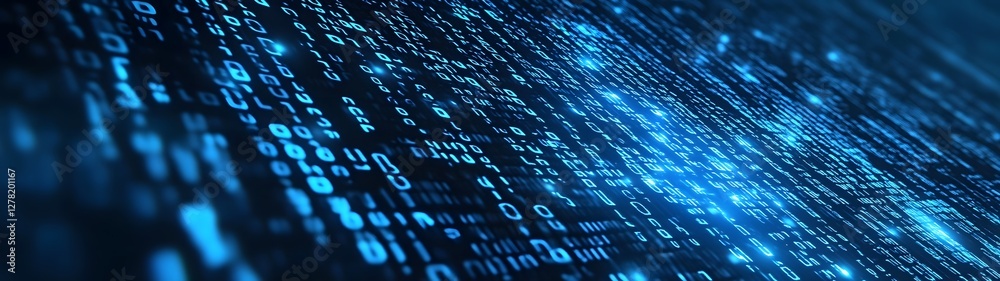 Poster Futuristic blue digital data matrix technology backdrop with dynamic network coding and pixel stream pattern  Abstract modern technology concept with binary code digital information