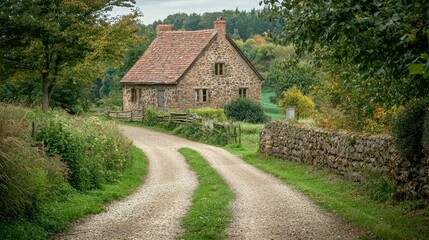 Fototapeta premium Cozy Stone Cottage Surrounded by Nature on Serene Country Road