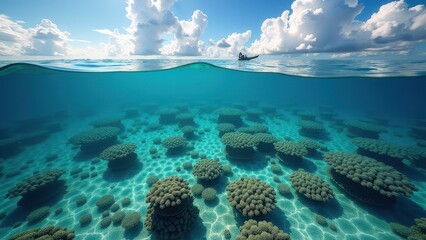 Fototapeta premium Split view of vibrant coral reef underwater and coastal landscape with mountains under sunny sky 