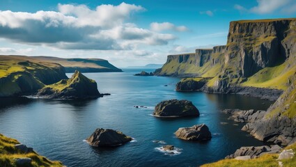 Fototapeta premium Coastal landscape with rocky cliffs and calm waters under a blue sky with clouds in a scenic natural environment.