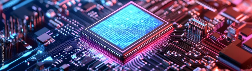 Poster Futuristic circuit board with glowing microchips electronic components and interconnected technology  Symbolizing advancements in digital innovation data processing and electrical engineering