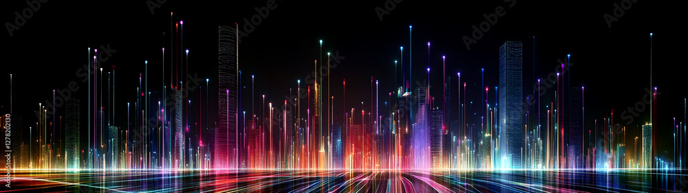 Aufkleber futuristic cityscape with glowing neon lights high rise skyscrapers and dynamic architectural struct