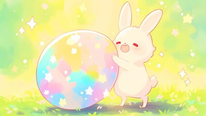 Obraz premium a cartoon rabbit with a large colorful ball in a field.