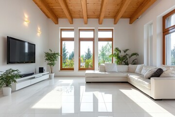 Fototapeta premium Modern Living Room With White Sofa And Wooden Beams