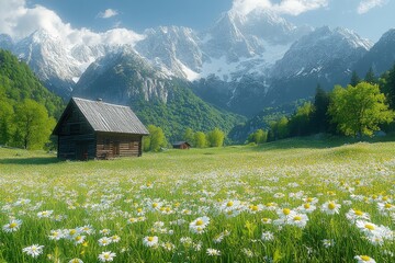 Fototapeta premium Idyllic mountain cabin nestled in a vibrant daisy field, majestic snow-capped peaks forming a breathtaking backdrop.