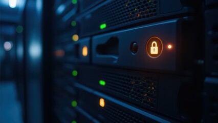 Cybersecurity  Network Architecture concept. Close-up of server rack with illuminated lock indicator, highlighting security features.