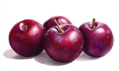 A vibrant arrangement of four glossy red plums on a white background, showcasing their natural shine