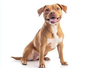 Fototapeta premium Happy and Adorable Tan Pitbull Dog Sitting on White Background with a Cheerful Expression Studio Shot