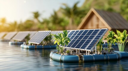 Concept of a self-sustaining green tech city with floating solar farms and recycled buildings