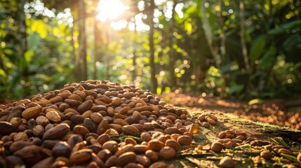 Obraz premium A Close-Up View of Cocoa Pods and Nuts on the Forest Floor Illuminated by Sunlight in a Lush Tropical Environment