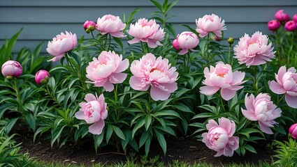 Pink peony flowers blooming in a garden bed with green foliage against a grey background