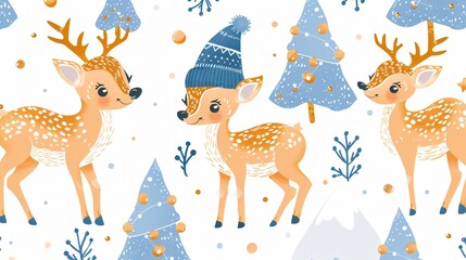 Vector Seamless Pattern with Cute Deer in Blue Nightcap