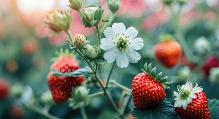 Strawberry plant with ripe red berries and white blossoms in a green garden setting during daylight.