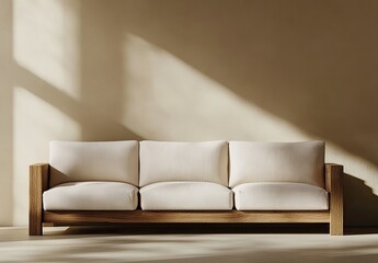 Modern Wooden Sofa with Cream Cushions in Sunlight