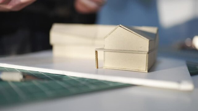 A man is drawing a house on a piece of paper. The house is small and has a slanted roof. The man is using his hands to draw the house, which gives the drawing a sense of life and movement