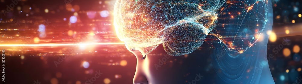 Fototapete Futuristic digital depicting a glowing brain like structure with a complex neural network of interconnected lines and points symbolizing innovative intelligence data analysis and cognitive processing