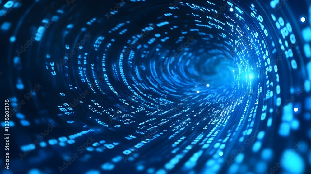 Poster Futuristic digital energy tunnel with swirling vortex of glowing neon blue light and abstract geometric patterns  Concept of technology innovation data communication and power flow in a dynamic