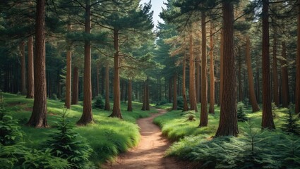 Fototapeta premium Pathway through a lush green forest with tall pine trees and dense undergrowth under natural sunlight
