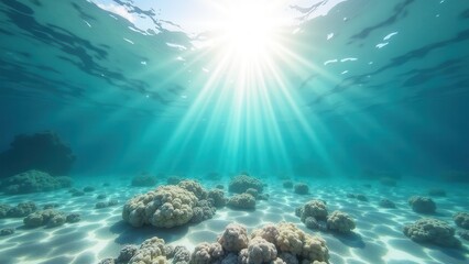 Fototapeta premium Sunlit underwater view of bleached coral reef affected by ocean warming and climate change 