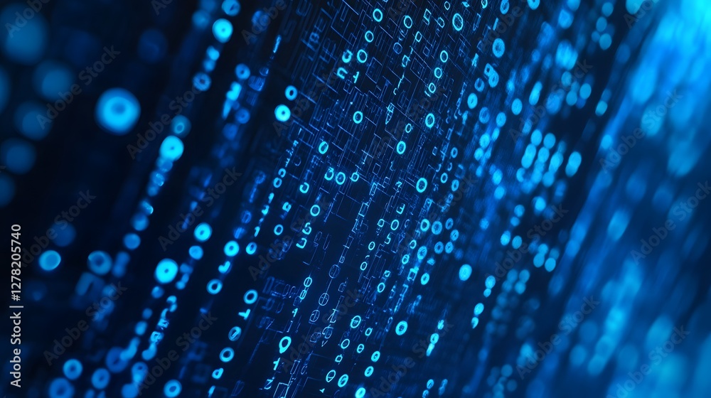 Poster Futuristic digital matrix code and binary data network pattern with abstract geometric shapes lines and light effects  Technological background with data visualization and intelligence concept