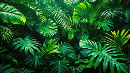 Dense tropical foliage featuring various green leaves with vibrant textures and patterns in a natural setting