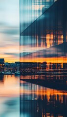 Fototapeta premium Modern building reflections on the water during colorful sunset