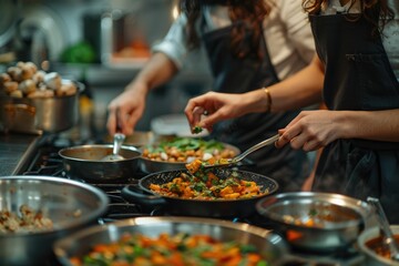 Restaurant chefs collaboratively prepare a vibrant and flavorful vegetable stew.