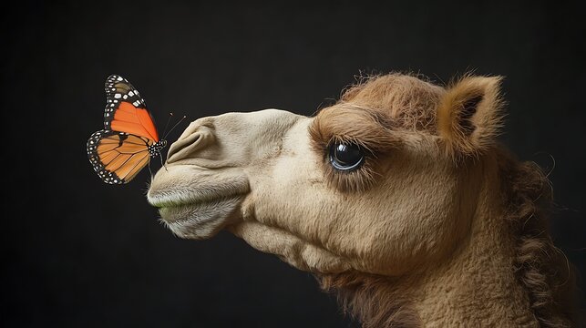 Stuffed camel with a butterfly perched on its nose
