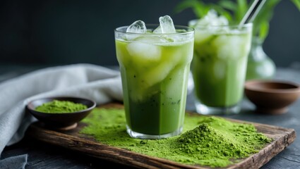 Fototapeta premium Iced green tea with matcha powder on a wooden board and fresh green leaves in the background in a dark setting