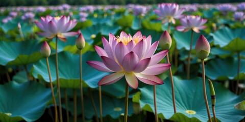 Obraz premium Pink lotus flowers blooming in a lush green pond with partially opened buds and broad leaves surrounding the water surface.