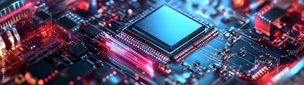 Poster Futuristic electronic circuit board with microchips and computer components close up view of advanced digital technology