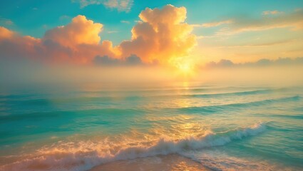 Obraz premium Calm ocean waves at sunrise with colorful clouds in a clear sky reflecting sunlight over the water surface