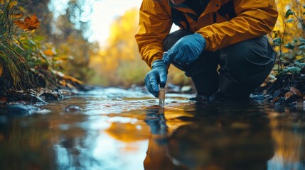 Person Collecting Water Sample from Stream in Autumn Environment