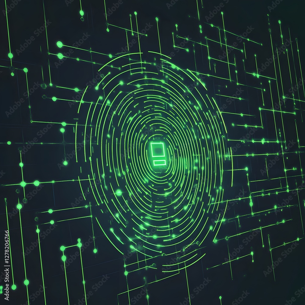 Fototapete Futuristic fingerprint biometric security system with glowing radial patterns and data connections  Concept of digital identification encryption and privacy protection