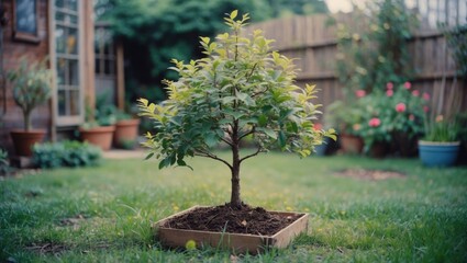 Naklejka premium Young tree in a planter box placed on grass in a residential garden surrounded by potted plants and flowers.