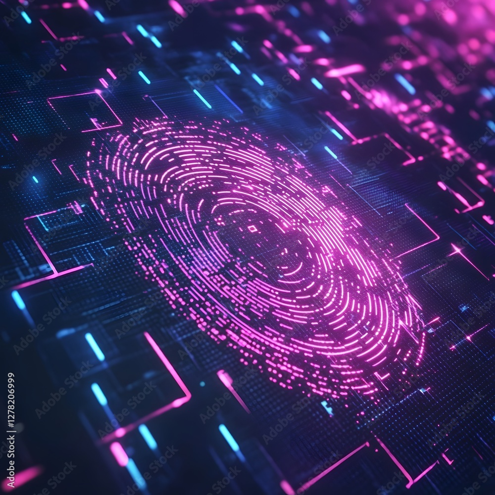 Poster Futuristic fingerprint biometric scanning technology interface with neon glow and digital data encryption pattern  Concept of cybersecurity data protection personal identification and access control