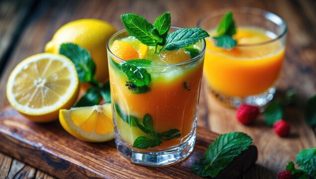 Fresh citrus fruit cocktails featuring orange and lemon with mint leaves on a wooden table with berries in the background