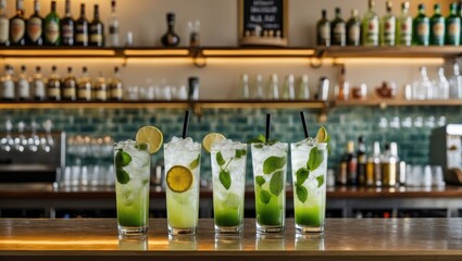 Five refreshing mojito cocktails with ice, mint, and lime arranged on a bar counter with a well-stocked liquor shelf in the background.