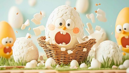 an egg character hatching out of a wicker basket with other egg characters in the background.
