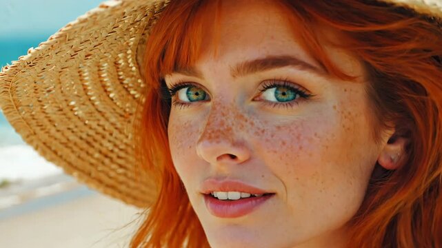 Charming red-haired gerl with freckles on sea beach. Beautiful smiling young woman in straw hat in summer by sea. Portrait, close-up	