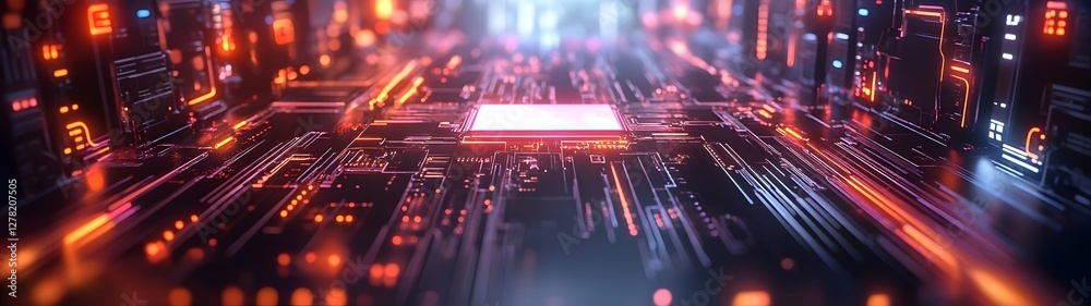 Poster Futuristic glowing circuit board backdrop with neon lights electronic patterns and high tech digital elements  Abstract cyberpunk inspired technology and innovation concept