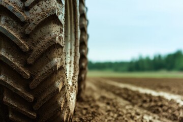 Close-up of an agricultural tire leaving distinct marks in soft