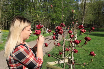 A beatiful lady smelling spring flowers in a park
