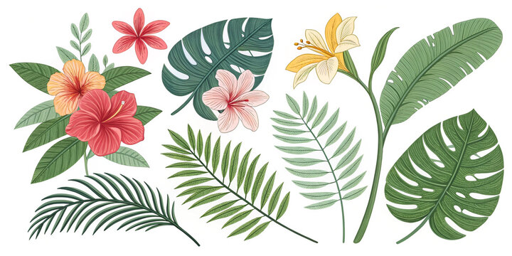Vector Set of Hand-Drawn Tropical Leaves and Flowers, Perfect for Graphic Design Projects