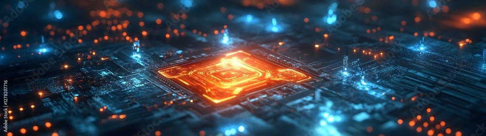 Poster Futuristic glowing quantum circuit chip processor on abstract digital technology background with intricate interconnected patterns and neon lighting  Concept of intelligence machine learning