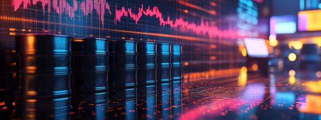 Obraz premium Black oil barrels against a glowing financial chart backdrop